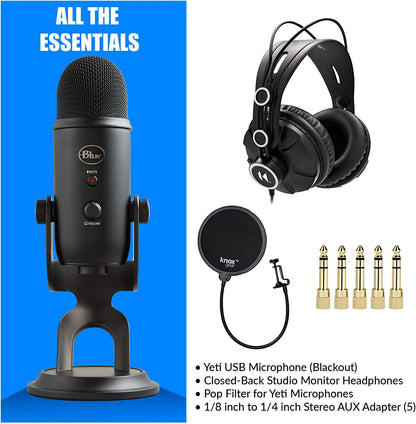 Yeti USB Microphone (Blackout) Bundle with Knox Gear Headphones and Pop Filter (3 Items)