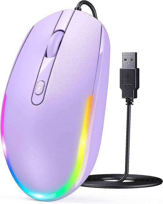 Wired Mouse - USB Computer Mouse Wired with RGB Backlit Optical LED Mouse with Attached USB Cord for Laptops Notebooks Chromebook - Purple