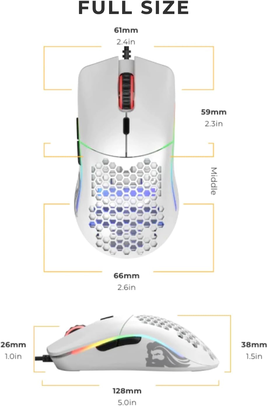 Model O Wired Gaming Mouse 67G Superlight Honeycomb Design, RGB, Pixart 3360 Sensor, Omron Switches, Ambidextrous - Matte White