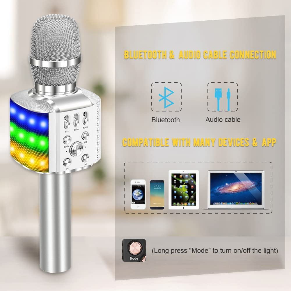 Wireless Bluetooth Karaoke Microphone with Controllable LED Lights, 4 in 1 Portable Karaoke Machine Mic Speaker for All Smartphones, Birthday Holiday Party Gifts for Kids & Adults(Q36 Silver)