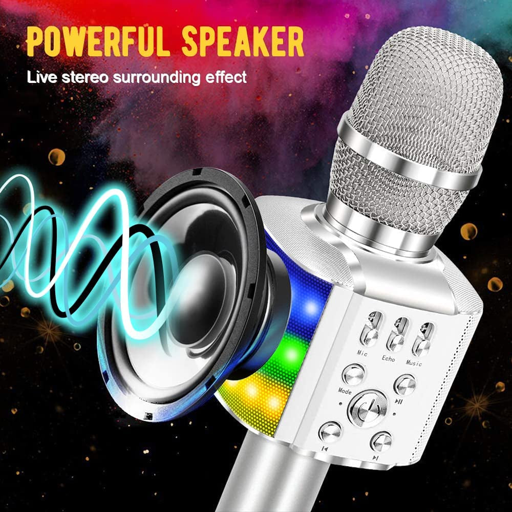 Wireless Bluetooth Karaoke Microphone with Controllable LED Lights, 4 in 1 Portable Karaoke Machine Mic Speaker for All Smartphones, Birthday Holiday Party Gifts for Kids & Adults(Q36 Silver)