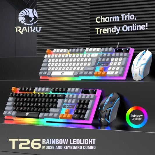 T26 Wired 104 Keys Membrane Keyboard and Mouse Suit Kinds of Colorful Lighting Gaming and Office for Windows and IOS
