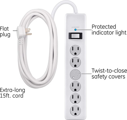 6-Outlet Sur Protector, 15 Ft Extension Cord, Power Strip, 800 Joules, Flat Plug, Twist-To-Close Safety Covers, Protected Indicator Light, UL Listed, White, 50768