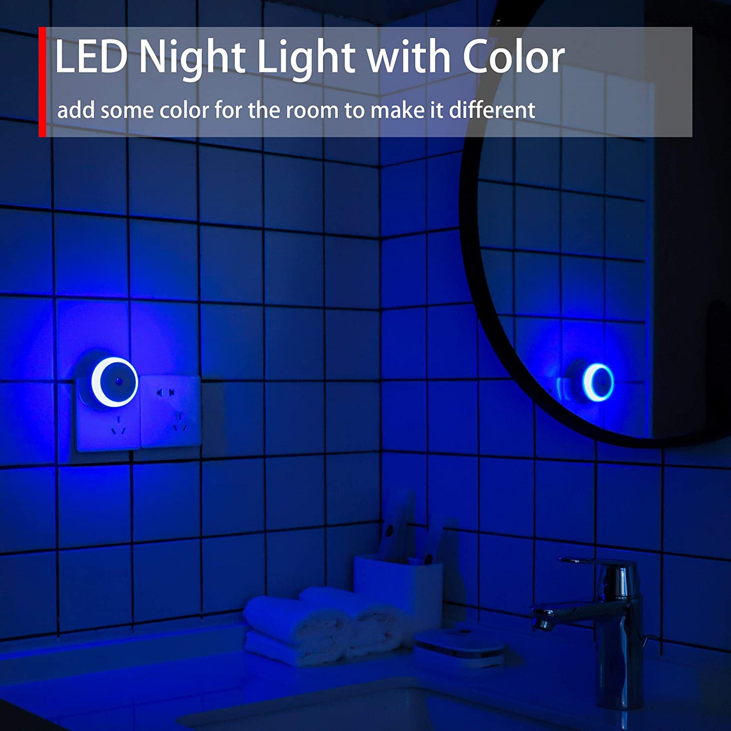 Blue Night Light, Plug In, Dusk to Dawn Smart Sensor, Small LED Nightlight, Energy Saving, Soft Glow, Night Light Plug into Wall for Bathroom, Kitchen, Bedroom, Hallway, Stairway, Round, 2 Pack