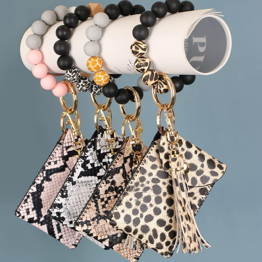 Keychain Bracelet Wristlet, Silicone Beaded Key Ring Bracelet with Card Wallet, Elastic Keyring Bangle for Womens