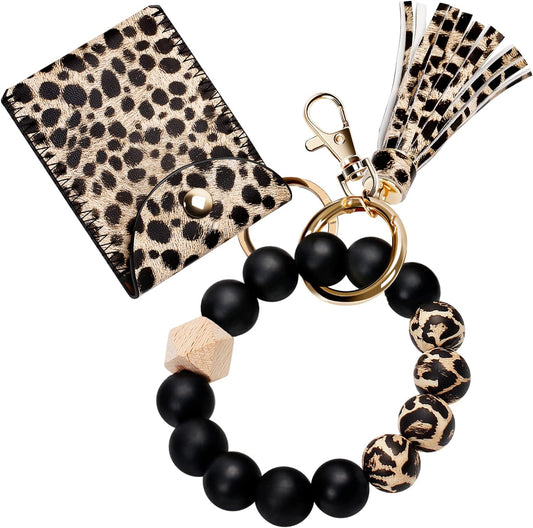 Keychain Bracelet Wristlet, Silicone Beaded Key Ring Bracelet with Card Wallet, Elastic Keyring Bangle for Womens