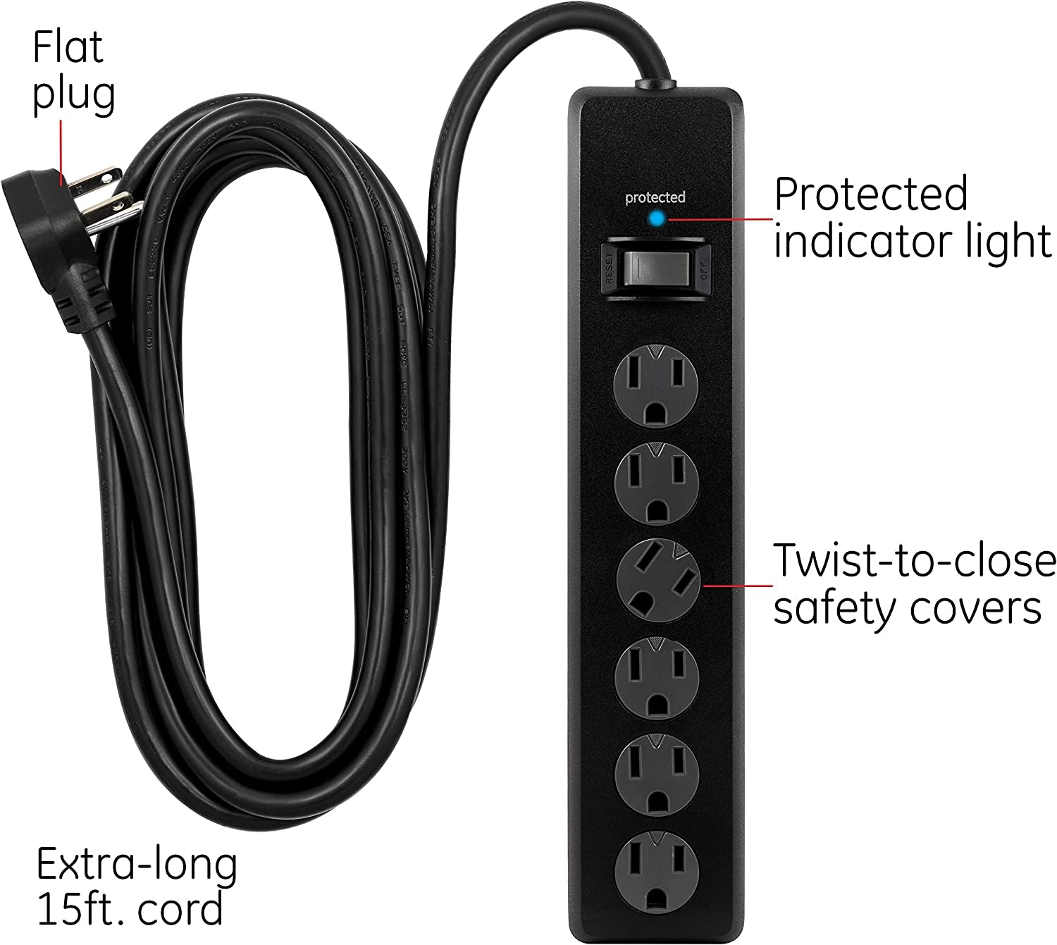 6-Outlet Sur Protector, 15 Ft Extension Cord, Power Strip, 800 Joules, Flat Plug, Twist-To-Close Safety Covers, Protected Indicator Light, UL Listed, Black, 50767