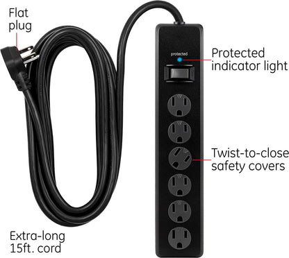 6-Outlet Sur Protector, 15 Ft Extension Cord, Power Strip, 800 Joules, Flat Plug, Twist-To-Close Safety Covers, Protected Indicator Light, UL Listed, Black, 50767