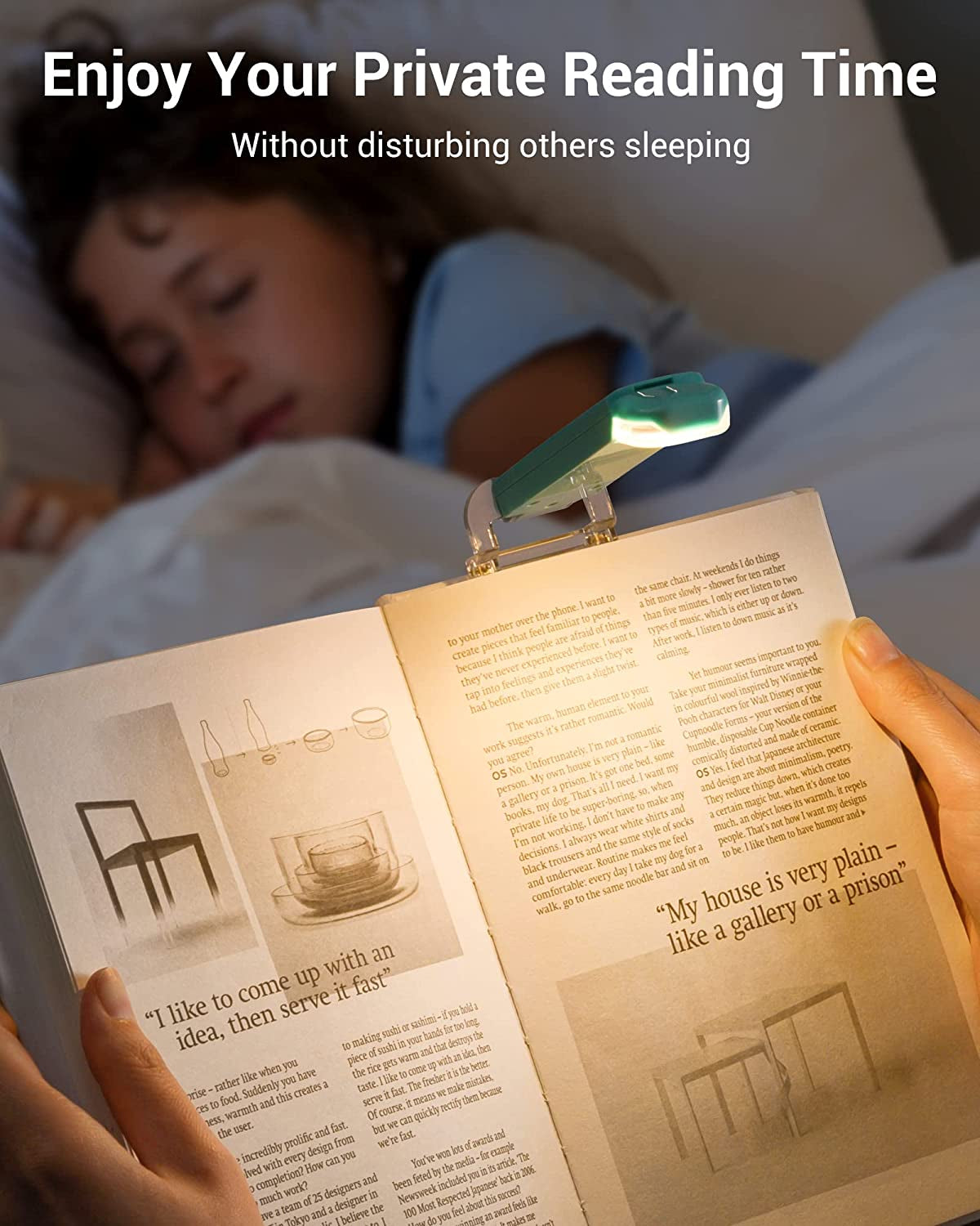 Book Reading Light with Clip, USB Rechargeble Booklight for Reading in Bed, Clip on Book Lamp, Brightness Adjustable, Sleep Aid Light, Warm White (Blue)